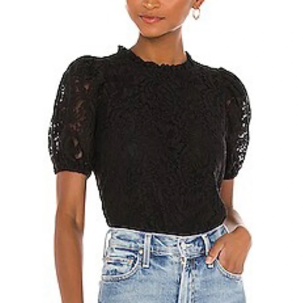 1.State Black Allover Lace Lined High Neck Puff Sleeve Top Medium Women’s